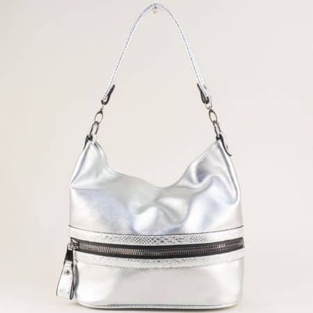 Сребърна дамска чанта, тип торба с къса и дълга дръжка ch1455sr