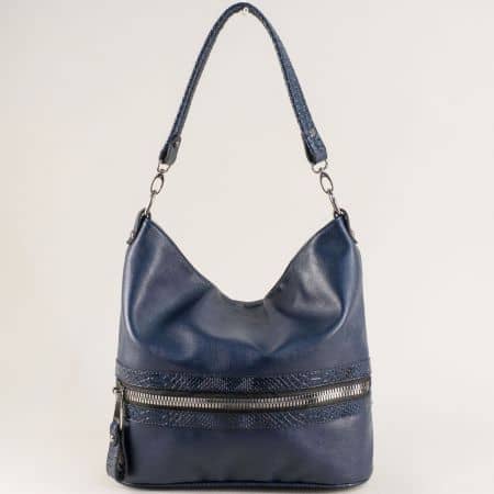 	Тъмно синя дамска чанта, тип торба с декорация ch1455ts