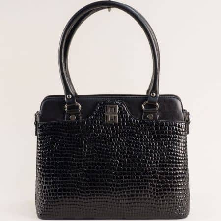 Черен лак дамска чанта с къса и дълга дръжка ch1503krlch