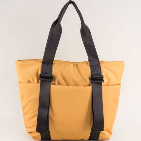 Текстилна дамска чанта в жълт цвят с кафяви дръжки ch1511j