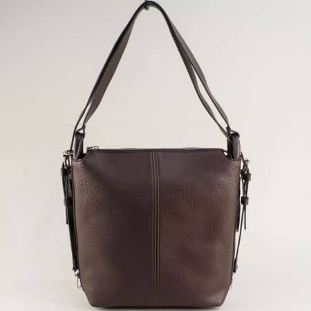 Тъмно кафява дамска чанта с къса и дълга дръжка ch15402kk1