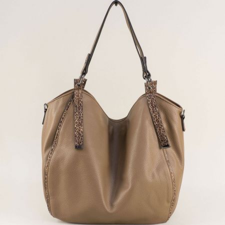Стилна дамска чанта в бежов цвят с къса и дълга дръжка ch1599tbj