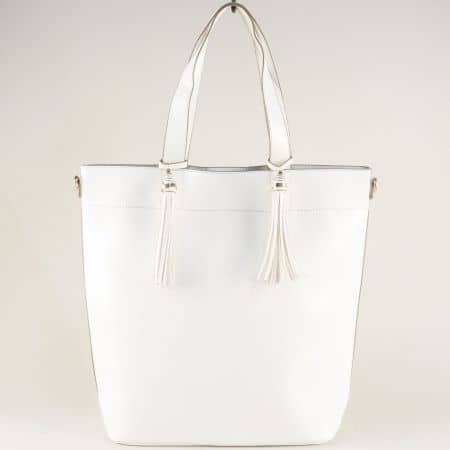 Бяла дамска чанта с две къси и допълнителна дълга дръжка ch1735-74b