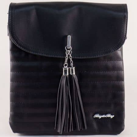 Дамска чанта с дълга дръжка и пискюл в черен цвят ch1756ch
