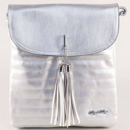 Сребърна дамска чанта с пискюл и дълга дръжка ch1756sr