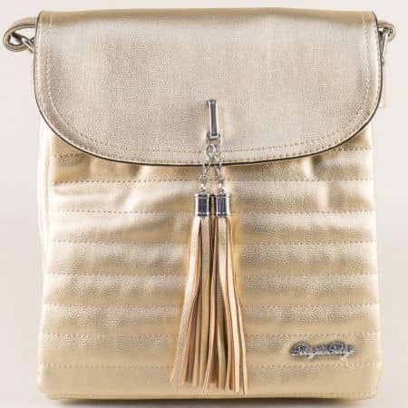 Златна дамска чанта с пискюл и дълга дръжка ch1756zl
