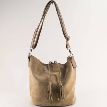 Бежова дамска чанта от естествена кожа и велур ch180220vbj