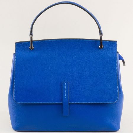 Синя дамска чанта с капаче от естествена кожа ch180822s