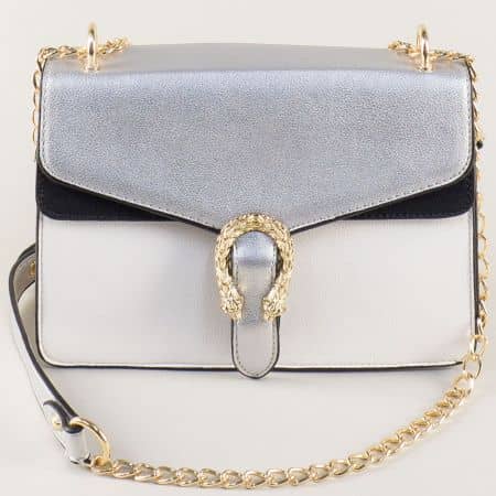 Малка дамска чанта в черно, бяло и сребро ch18206sr