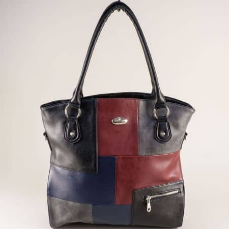 Дамска чанта с три прегради в черно, бордо и синьо ch2089ps