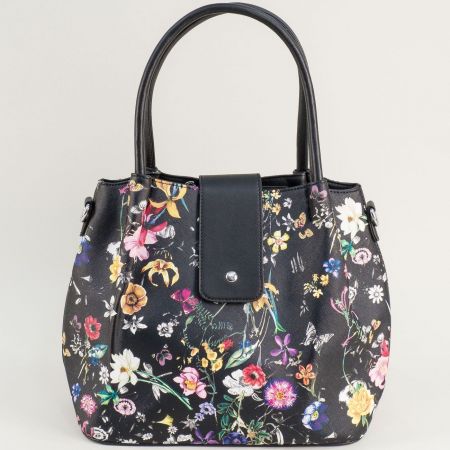 Дамска чанта в черен цвят на цветя с една преграда ch2191chps