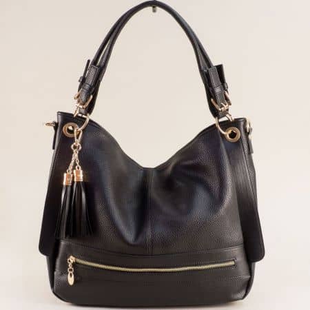 Черна ежедневна дамска чанта с две дръжки и пискюл ch2206ch