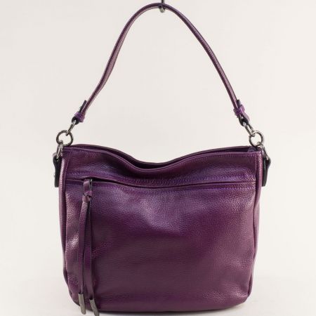 Кожена дамска чанта в лилаво с две прегради и заден джоб ch220822l