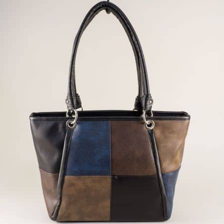 Дамска чанта с три прегради в кафяво, синьо и черно ch2405s