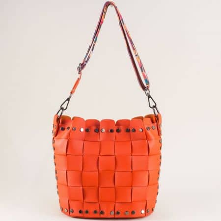 Дамска чанта с органайзер и пъстра дръжка в оранж ch250419o
