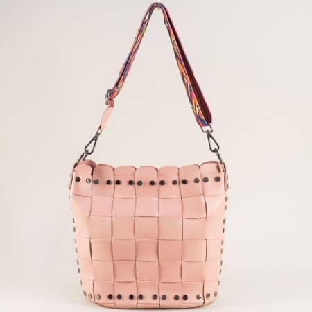 Розова дамска чанта с органайзер и пъстра дръжка ch250419rz