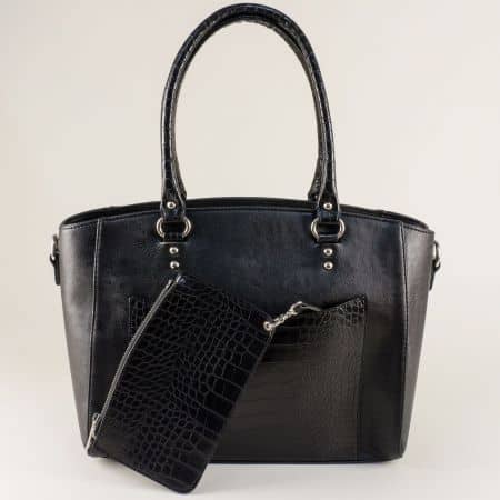 Дамска чанта с органайзер и кроко принт в черен цвят ch2573ch