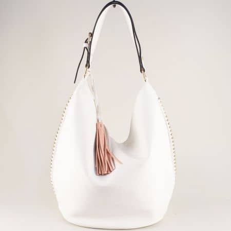 Бяла дамска чанта с три прегради, къса и дълга дръжка ch2735b