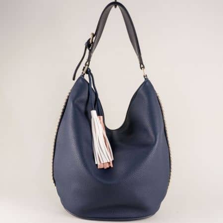 Синя дамска чанта с три прегради, къса и дълга дръжка ch2735s