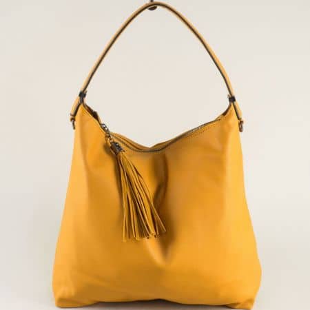 Дамска чанта, тип торба в жълто с пискюл ch3150j