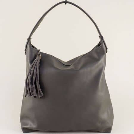 Дамска чанта, тип торба в сив цвят с пискюл ch3150sv