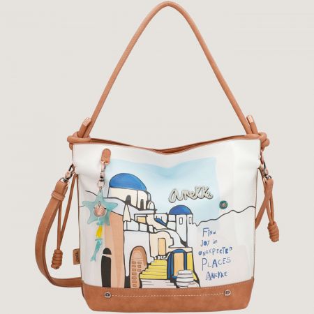 Дизайнерска дамска чанта тип торба в кафяв цвят с декорация ch34741-179