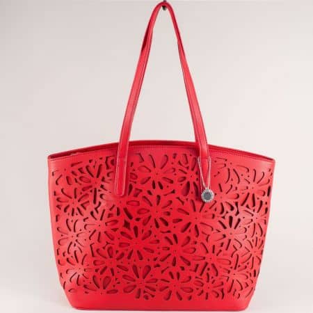 Червена дамска чанта с флорална перфорация ch349-2chv