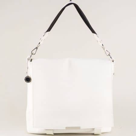 Бяла дамска чанта с прехлупване, къса и дълга дръжка ch366-2b