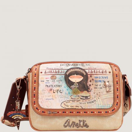 Бежова дамска чанта за през рамо с цветно капаче Anekke ch36603-349