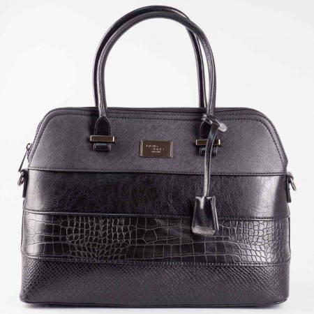 Ежедневна дамска чанта в черен цвят, комбинация от кроко принт и гладка кожа David Jones ch3909-1ch