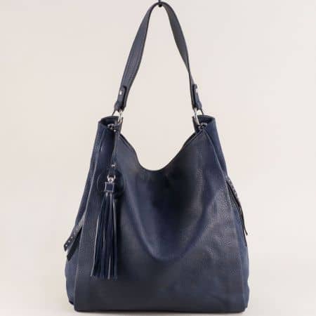 Синя дамска чанта, тип торба с къса и дълга дръжка ch422s