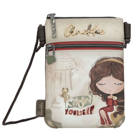 Малка дамска чанта за през рамо с преден джоб в бежов цвят със цветна декорация ANEKKE  ch42703-904