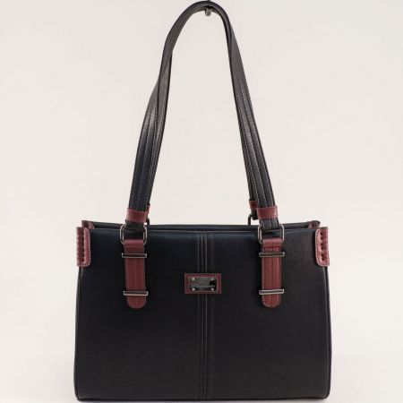 Всекидневна дамска чанта в черен цвят с бордо дръжки ch427chbd