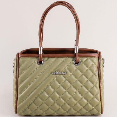 Зелена дамска чанта с къса кафява дръжка от еко кожа ch452z