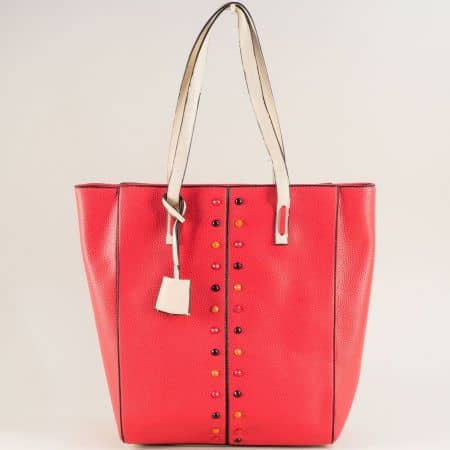 Червена дамска чанта с твърда структура и две дръжки ch4662o