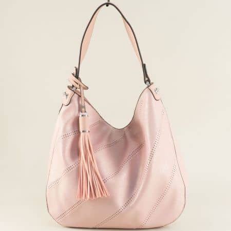 Дамска чанта с пискюл, тип торба в розов цвят ch466rz