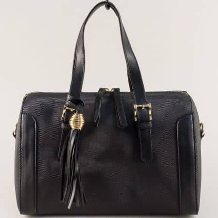 Черна дамска чанта с пискюл, дълга и две къси дръжки ch4689ch