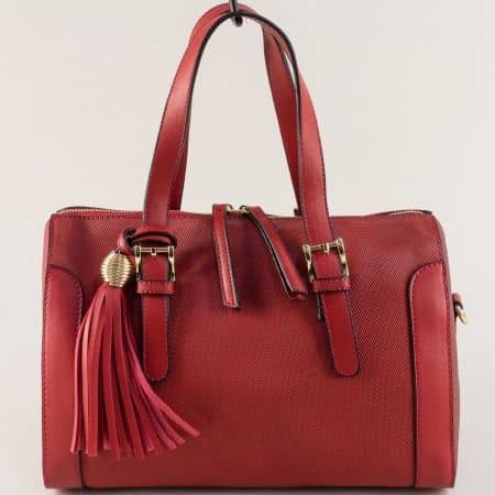 Червена дамска чанта с пискюл, дълга и две къси дръжки ch4689chv