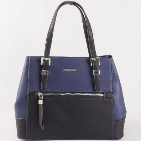 Дамска семпла чанта с две дръжки - къса и дълга на френския производител в черен и син цвят ch5068-4ch