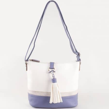 Дамска чанта за всеки ден с пискюл на френския производител David Jones в бяло и синьо ch5080-1s