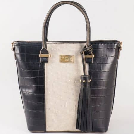 Дамска чанта за всеки ден с пискюл на френския производител David Jones в черно и бежово ch5082-2ch