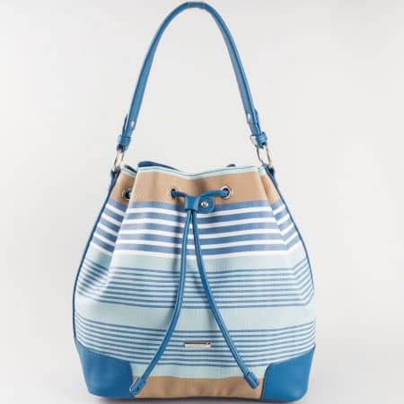 Дамска свежа чанта за всеки ден на райета с къса и дълга дръжка на френския производител David Jones в съчетание от кафяво, синьо и бяло ch5090-2s