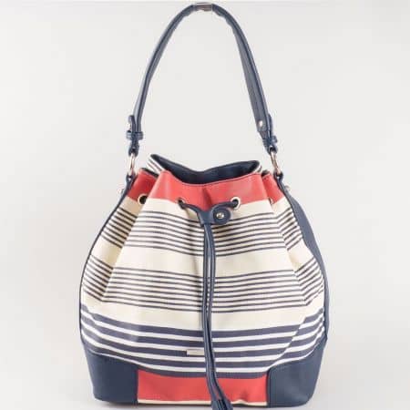 Дамска ежедневна чанта на различни цветни райета на френския производител David Jones в синьо, бяло и червено ch5090-2ts