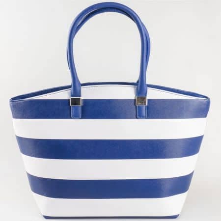Дамска ежедневна чанта с две дръжки - дълга и къса на френската марка David Jones в синьо и бяло ch5096-1s