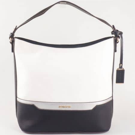 Дамска стилна чанта с две дръжки и практично разпределение на френския производител David Jones в бяло и черно  ch5110-1b