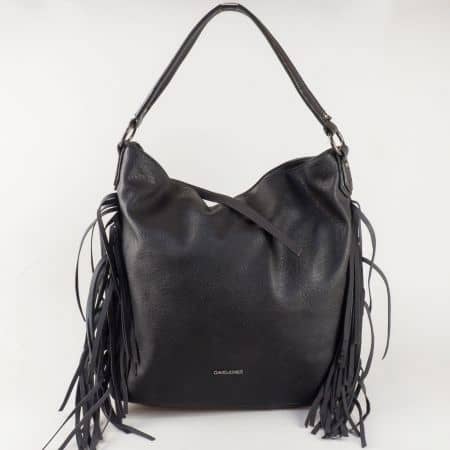 Дамска чанта David Jones от еко кожа с ефектни ресни в черно ch5238-1ch