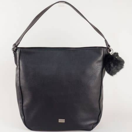 Черна дамска чанта David Jones с ефектно пухче ch5258-1ch