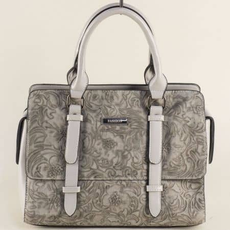 Сива дамска чанта с флорален принт- MAT STAR ch527016sv