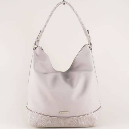 Сива дамска чанта, тип торба с частичен змийски принт ch5508-2sv