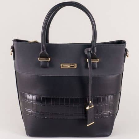 Черна дамска чанта с частичен кроко принт ch5555-2ch